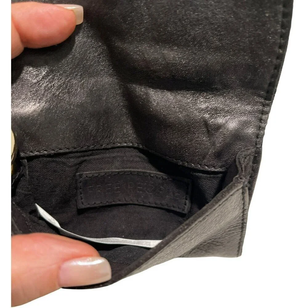 Free People Black Leather Tri Fold Wallet Wristlet Keychain NWT